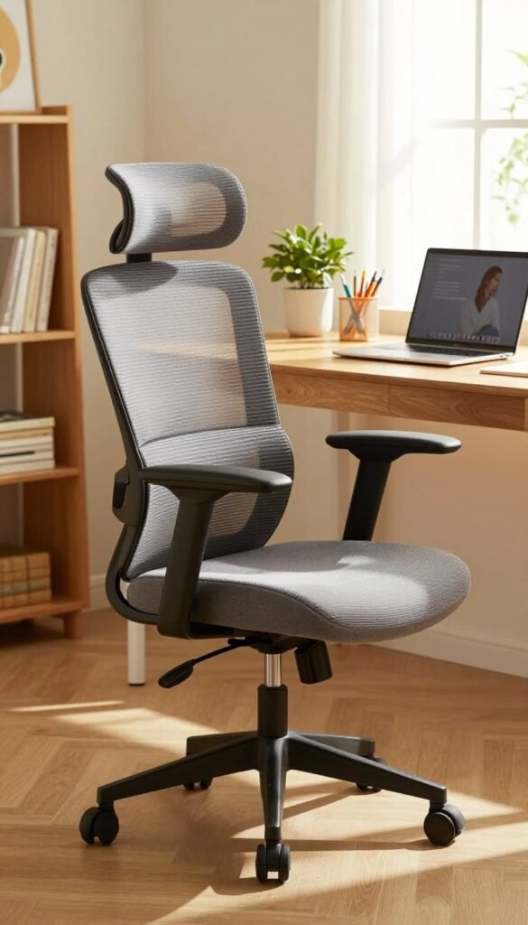 A modern ergonomic chair from TechKiste, featuring a sleek design with adjustable lumbar support and breathable mesh fabric, placed in a cozy home office setting. In the foreground, the chair showcases its contoured seat and dynamic armrests, exuding comfort for long work hours. The middle ground includes a stylish wooden desk with a laptop open, colorful stationery, and a small potted plant, emphasizing a productive work environment. In the background, soft natural light floods through a window, casting warm golden tones across the room, complemented by subtle decorative elements like framed art and bookshelves. The atmosphere feels inviting and conducive to focus, embodying a perfect workspace for remote work.