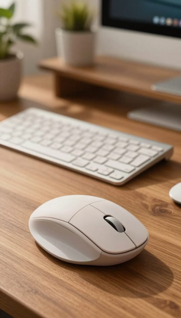 A modern ergonomic mouse designed for comfort and efficiency, with a sleek, contoured shape, situated prominently in the foreground. The mouse features a soft-touch finish, customizable buttons, and an innovative vertical design to reduce wrist strain. In the middle ground, an elegant keyboard complements the mouse, showcasing its low-profile keys and ergonomic layout, positioned on a stylish wooden desk. The background presents a softly lit home office environment, with warm, natural colors, plants, and a cozy atmosphere, creating a productive workspace. The lighting is warm and inviting, suggesting a late afternoon vibe, capturing an authentic Pinterest aesthetic. The brand name "TechKiste" is subtly integrated into the scene without any text or overlays, enhancing the visual focus on the ergonomic devices.