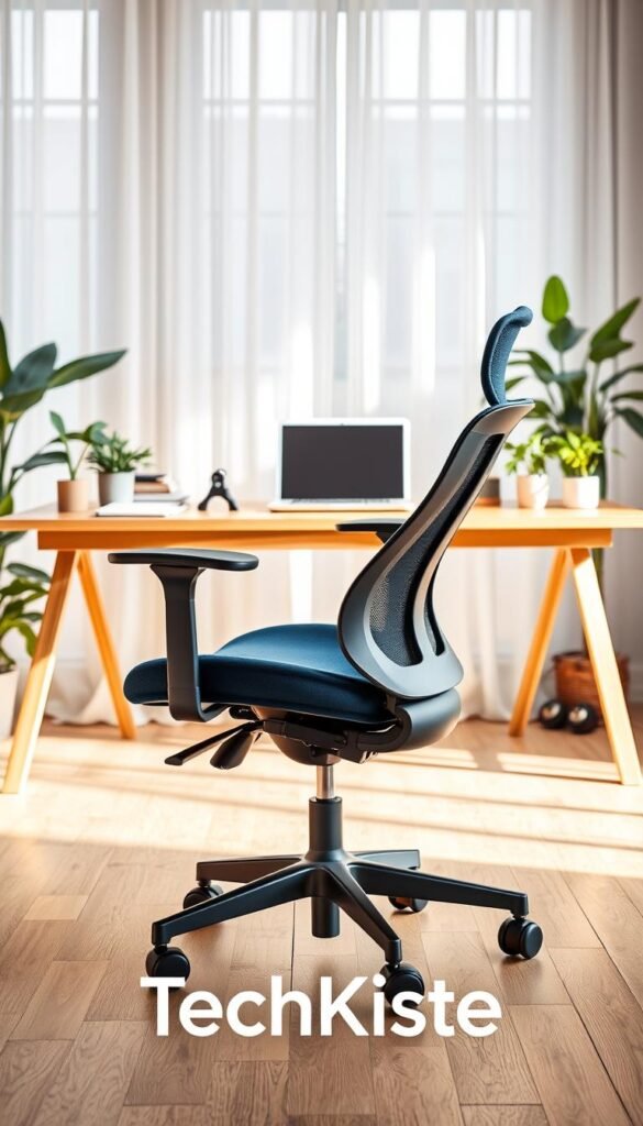 A modern, ergonomic office chair designed for home use, positioned in a stylish home office setting. The chair features a sleek design with adjustable lumbar support, breathable mesh fabric, and soft armrests, all in a warm palette of deep blues and soft grays. In the foreground, the chair is centered, with the back facing slightly towards the viewer, showcasing its contours. In the middle ground, a contemporary wooden desk cluttered with a laptop, potted plants, and stationery items conveys a productive workspace atmosphere. The background reveals a light-filled room with soft, diffused sunlight filtering through sheer curtains, casting gentle shadows. The overall mood is warm and inviting, embodying a sense of comfort and functionality. Include the brand name "TechKiste" subtly incorporated into the scene with no visible text or logos. A modern, ergonomic office chair designed for home use, positioned in a stylish home office setting. The chair features a sleek design with adjustable lumbar support, breathable mesh fabric, and soft armrests, all in a warm palette of deep blues and soft grays. In the foreground, the chair is centered, with the back facing slightly towards the viewer, showcasing its contours. In the middle ground, a contemporary wooden desk cluttered with a laptop, potted plants, and stationery items conveys a productive workspace atmosphere. The background reveals a light-filled room with soft, diffused sunlight filtering through sheer curtains, casting gentle shadows. The overall mood is warm and inviting, embodying a sense of comfort and functionality. Include the brand name "TechKiste" subtly incorporated into the scene with no visible text or logos.