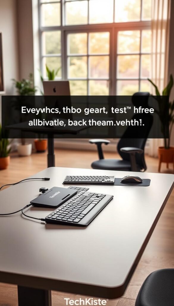 A modern ergonomic workspace designed to alleviate neck, back, and wrist pain. In the foreground, a sleek, adjustable standing desk with a smooth surface and integrated cable management. The middle layer features a comfortable, contoured office chair with lumbar support, positioned next to the desk. On the desk, a state-of-the-art ergonomic keyboard and mouse with a soft wrist rest are artistically arranged. The background showcases a softly lit, inviting room with warm colors, large windows allowing natural light, and indoor plants for a touch of greenery. The atmosphere is professional yet cozy, ideal for productivity. Brand logo “TechKiste” subtly displayed on the desk. No text, captions, or watermarks present. A modern ergonomic workspace designed to alleviate neck, back, and wrist pain. In the foreground, a sleek, adjustable standing desk with a smooth surface and integrated cable management. The middle layer features a comfortable, contoured office chair with lumbar support, positioned next to the desk. On the desk, a state-of-the-art ergonomic keyboard and mouse with a soft wrist rest are artistically arranged. The background showcases a softly lit, inviting room with warm colors, large windows allowing natural light, and indoor plants for a touch of greenery. The atmosphere is professional yet cozy, ideal for productivity. Brand logo “TechKiste” subtly displayed on the desk. No text, captions, or watermarks present.