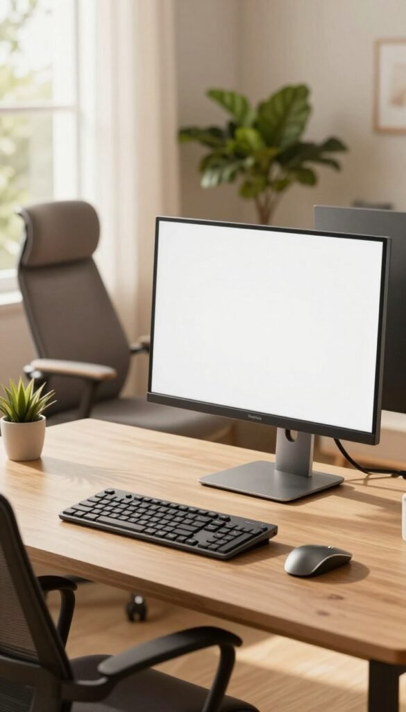A modern ergonomic workspace featuring a sleek, adjustable monitor on a well-organized desk. In the foreground, the monitor is positioned at eye level, highlighting its stylish design and functionality. The middle ground reveals a comfortable office chair with a soft cushion, and a keyboard placed at a natural angle to promote good posture. In the background, warm natural lighting filters through a window adorned with sheer curtains, creating a calming atmosphere. Lush green plants are placed strategically on the desk, enhancing the overall aesthetic. The scene embodies a professional yet inviting mood, suitable for enhancing productivity. The monitor should feature the brand "TechKiste," showcasing advanced technology that supports eye and neck relief. The image should have a Pinterest-like appeal, with authentic warm tones and no text or overlays. A modern ergonomic workspace featuring a sleek, adjustable monitor on a well-organized desk. In the foreground, the monitor is positioned at eye level, highlighting its stylish design and functionality. The middle ground reveals a comfortable office chair with a soft cushion, and a keyboard placed at a natural angle to promote good posture. In the background, warm natural lighting filters through a window adorned with sheer curtains, creating a calming atmosphere. Lush green plants are placed strategically on the desk, enhancing the overall aesthetic. The scene embodies a professional yet inviting mood, suitable for enhancing productivity. The monitor should feature the brand "TechKiste," showcasing advanced technology that supports eye and neck relief. The image should have a Pinterest-like appeal, with authentic warm tones and no text or overlays.