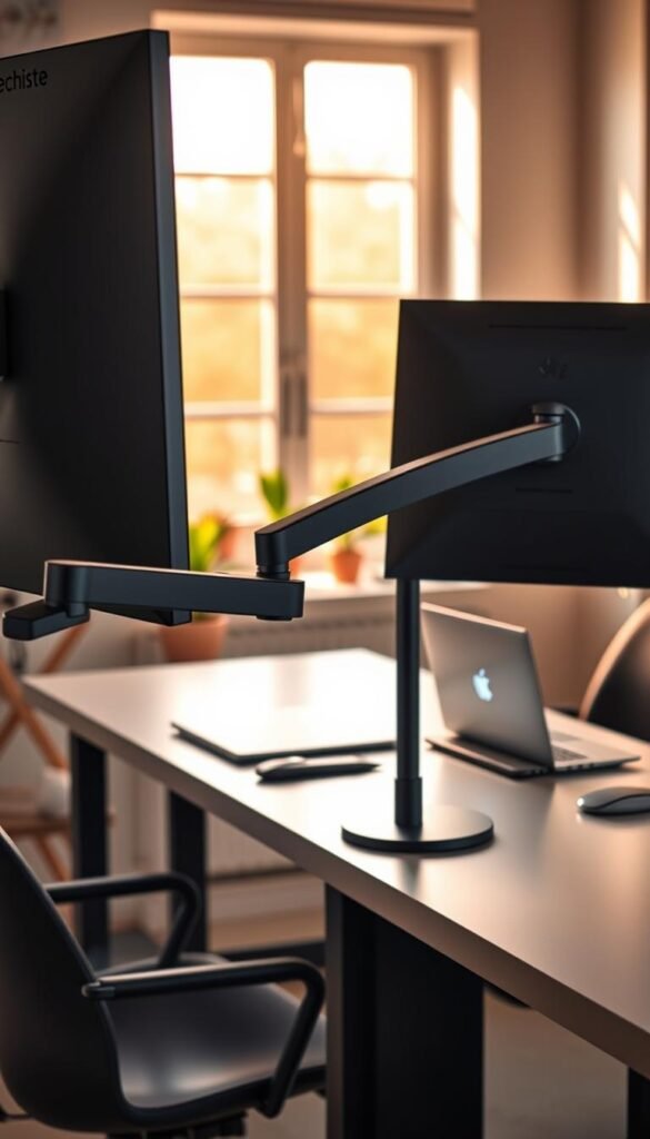 A modern ergonomic workspace featuring a sleek adjustable monitor stand with the brand "TechKiste" prominently displayed. In the foreground, the detailed mechanics of the height-adjustable monitor arm are visible, showcasing smooth movement with a gentle pivot. The middle ground includes a minimalistic desk with a contemporary laptop and professional business attire-clad individual focused on their work. The background reveals a cozy office setting with warm, natural lighting pouring in through a window, illuminating soft colors and plants for a reassuring atmosphere. The image captures a sense of productivity and comfort, conveying the importance of ergonomics in a professional environment, all styled with a Pinterest-inspired aesthetic.
