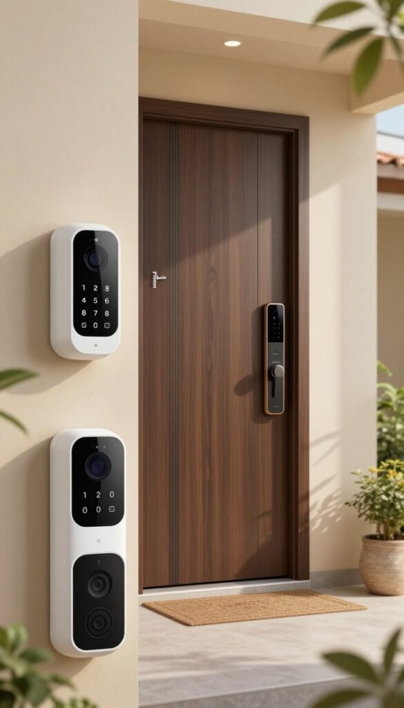 A modern front door displaying an advanced alarm system featuring cutting-edge sensors and a sleek keypad, set against a warm, inviting home environment. In the foreground, close-up views of motion sensors and door contact sensors highlight their intricate designs and high-tech features, all integrated seamlessly with the door. The middle ground shows the door itself, decorated with subtle smart technology elements, while the background depicts a peaceful suburban setting bathed in soft, natural lighting that evokes a feeling of security and comfort. The scene is framed as if taken with a wide-angle lens, enhancing the inviting atmosphere. The brand name "TechKiste" adorned on the door's smart panel subtly merges with the design, emphasizing innovation in home security. The overall mood is reassuring, embodying safety and modern living. A modern front door displaying an advanced alarm system featuring cutting-edge sensors and a sleek keypad, set against a warm, inviting home environment. In the foreground, close-up views of motion sensors and door contact sensors highlight their intricate designs and high-tech features, all integrated seamlessly with the door. The middle ground shows the door itself, decorated with subtle smart technology elements, while the background depicts a peaceful suburban setting bathed in soft, natural lighting that evokes a feeling of security and comfort. The scene is framed as if taken with a wide-angle lens, enhancing the inviting atmosphere. The brand name "TechKiste" adorned on the door's smart panel subtly merges with the design, emphasizing innovation in home security. The overall mood is reassuring, embodying safety and modern living.