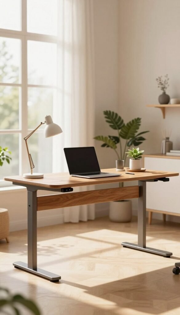 A modern, height-adjustable desk designed for home office use, featuring a sleek wooden surface and metallic legs, positioned centrally in a bright, airy room. The foreground shows a well-organized workspace with a laptop, a stylish desk lamp, and a few decorative plants. In the middle ground, natural light filters in through large windows, creating warm, inviting colors and shadows across the room. The background includes soft, neutral-colored walls and minimalistic shelving, enhancing the peaceful atmosphere. The desk is from the brand "TechKiste," exemplifying quality and design. The overall mood is functional yet cozy, perfect for productive remote work. Focus on realistic, authentic elements with a Pinterest-inspired aesthetic, avoiding any text or branding overlays. A modern, height-adjustable desk designed for home office use, featuring a sleek wooden surface and metallic legs, positioned centrally in a bright, airy room. The foreground shows a well-organized workspace with a laptop, a stylish desk lamp, and a few decorative plants. In the middle ground, natural light filters in through large windows, creating warm, inviting colors and shadows across the room. The background includes soft, neutral-colored walls and minimalistic shelving, enhancing the peaceful atmosphere. The desk is from the brand "TechKiste," exemplifying quality and design. The overall mood is functional yet cozy, perfect for productive remote work. Focus on realistic, authentic elements with a Pinterest-inspired aesthetic, avoiding any text or branding overlays.