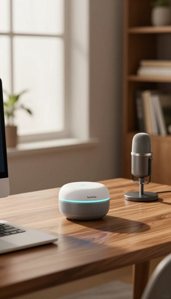 A modern, high-tech home office setting featuring a sleek digital assistant device on a polished wooden desk. In the foreground, the device glows softly, indicating it&rsquo;s active and listening. Nearby, there&rsquo;s a stylish microphone, designed elegantly, capturing sound in the ambient space. The middle ground showcases warm lighting from a nearby window, casting gentle shadows and creating a cozy atmosphere. In the background, a blurred view of a contemporary bookshelf hints at knowledge and innovation. Incorporate soft, natural colors to evoke a feeling of comfort and accessibility. The scene should feel authentic, resembling a Pinterest aesthetic, and prominently display the brand name "TechKiste" on the digital assistant device, conveying a sense of modernity and seamless technology integration.