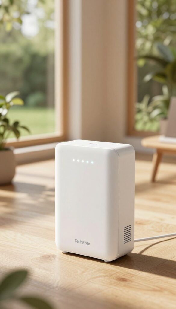 A modern, high-tech tageslicht sensor prominently displayed in the foreground, featuring a sleek, minimalist design with a smooth white finish and subtle LED indicators. In the middle ground, a sun-drenched room filled with soft, warm colors, showcasing large windows that let in natural light, highlighting the sensor's functionality. In the background, a lush green garden visible through the windows, symbolizing the connection between indoor lighting and outdoor sunlight. The scene is bathed in natural light, casting gentle shadows that create a sense of warmth and efficiency. Use a slightly elevated angle to capture the sensor&rsquo;s details effectively, promoting a Pinterest-inspired aesthetic while ensuring a professional and authentic feel. Include the brand name "TechKiste" discreetly integrated into the design of the sensor.