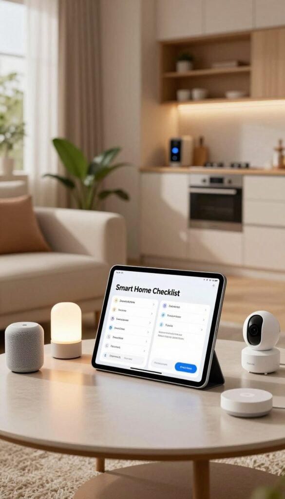 A modern home interior featuring a detailed "Smart Home Checklist" displayed on a tablet or digital screen, highlighting key compatibility features for smart devices. In the foreground, a stylish coffee table holds a sleek tablet with a visually appealing checklist, surrounded by various smart home gadgets like smart speakers, bulbs, and security cameras. The middle ground includes a cozy living area with warm, natural lighting that creates an inviting atmosphere, showcasing a sofa and houseplants. The background features a contemporary kitchen with smart appliances, emphasizing a harmonious blend of technology and home design. The mood is warm and inviting, with a Pinterest-inspired aesthetic, reflecting authenticity. The brand name "TechKiste" is subtly integrated into the scene.