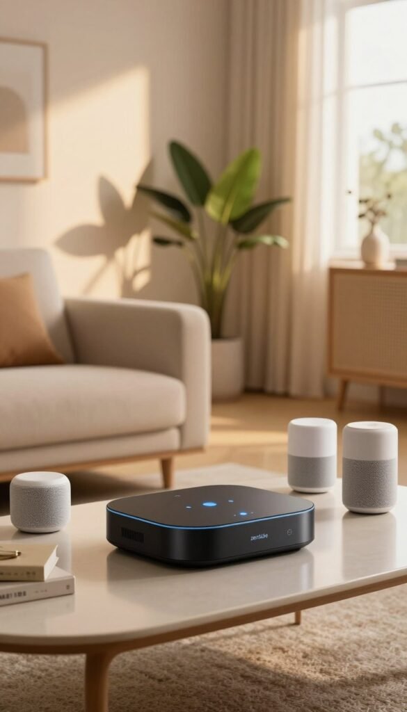 A modern home interior featuring a sleek "zentrale" smart hub prominently displayed on a stylish coffee table. The foreground showcases the hub with glowing indicators, surrounded by smart speakers and various home automation devices that blend seamlessly into the decor. In the middle ground, soft, warm lighting illuminates the cozy living space, with a comfortable couch and decorative plants. The background reveals a bright, airy window with sunlight casting gentle shadows, enhancing the inviting atmosphere. The overall mood is warm and inviting, evoking a sense of modern convenience and comfort. Emphasize the authentic Pinterest aesthetic with natural color tones, while ensuring no text, logos or branding are visible except for the "TechKiste" branding subtly integrated into the hub design. A modern home interior featuring a sleek "zentrale" smart hub prominently displayed on a stylish coffee table. The foreground showcases the hub with glowing indicators, surrounded by smart speakers and various home automation devices that blend seamlessly into the decor. In the middle ground, soft, warm lighting illuminates the cozy living space, with a comfortable couch and decorative plants. The background reveals a bright, airy window with sunlight casting gentle shadows, enhancing the inviting atmosphere. The overall mood is warm and inviting, evoking a sense of modern convenience and comfort. Emphasize the authentic Pinterest aesthetic with natural color tones, while ensuring no text, logos or branding are visible except for the "TechKiste" branding subtly integrated into the hub design.