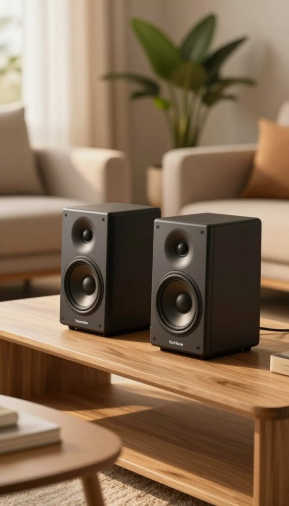 A modern home interior featuring two sleek and stylish "lautsprecher" speakers from the brand TechKiste, placed on a minimalist wooden shelf. In the foreground, a cozy living room with soft lighting creates an inviting atmosphere, highlighting the high-quality design of the speakers. The middle ground showcases the speakers prominently, angled slightly to emphasize their shape and finish. In the background, a blurred view of a contemporary sofa and potted plants adds to the warm, natural aesthetic. Soft, golden lighting filters in through a nearby window, enhancing the inviting mood. The image should convey a sense of practicality and elegance, focusing on the devices as essential elements of a modern lifestyle. No text or watermarks present.
