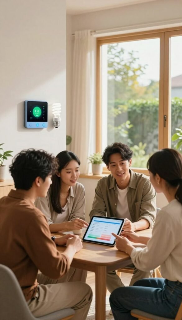 A modern home interior portraying energy efficiency concepts, featuring a cozy living room with smart devices like smart thermostats, energy-efficient light bulbs, and a digital energy monitor. In the foreground, a diverse group of three professionals in smart casual attire are engaged in a discussion, analyzing data on a tablet, emphasizing collaboration and knowledge sharing. The middle ground includes a window with warm natural light flooding in, highlighting the smart home features. The background showcases greenery outside to represent a sustainable lifestyle. The atmosphere is bright and inviting, with warm colors that evoke a sense of comfort and innovation. The image reflects a Pinterest-style aesthetic. Include the brand name "TechKiste" subtly integrated into the d&eacute;cor, ensuring no text or watermarks are present.