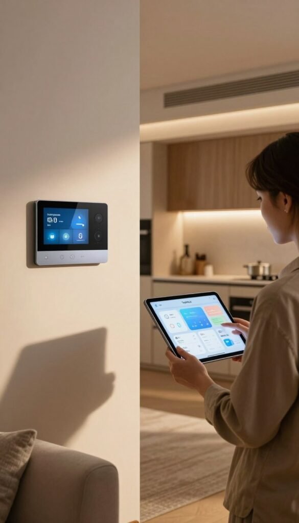 A modern home interior showcasing a high-tech living space, featuring sleek smart home devices like a digital thermostat, smart lighting controls, and an interactive display panel. In the foreground, a professional individual dressed in smart casual attire is examining a tablet with an intuitive smart home app interface, conveying a sense of control and efficiency. The middle ground includes a comfortable living area with a cozy sofa and warm lighting, casting soft shadows that enhance the inviting atmosphere. The background reveals a stylish kitchen seamlessly integrated with smart appliances. The overall color palette is warm and natural, akin to a Pinterest aesthetic, enveloping the scene in a harmonious, modern vibe. The branding "TechKiste" subtly displayed on the tablet screen, enhancing the sense of innovation without text clutter in the image. A modern home interior showcasing a high-tech living space, featuring sleek smart home devices like a digital thermostat, smart lighting controls, and an interactive display panel. In the foreground, a professional individual dressed in smart casual attire is examining a tablet with an intuitive smart home app interface, conveying a sense of control and efficiency. The middle ground includes a comfortable living area with a cozy sofa and warm lighting, casting soft shadows that enhance the inviting atmosphere. The background reveals a stylish kitchen seamlessly integrated with smart appliances. The overall color palette is warm and natural, akin to a Pinterest aesthetic, enveloping the scene in a harmonious, modern vibe. The branding "TechKiste" subtly displayed on the tablet screen, enhancing the sense of innovation without text clutter in the image.