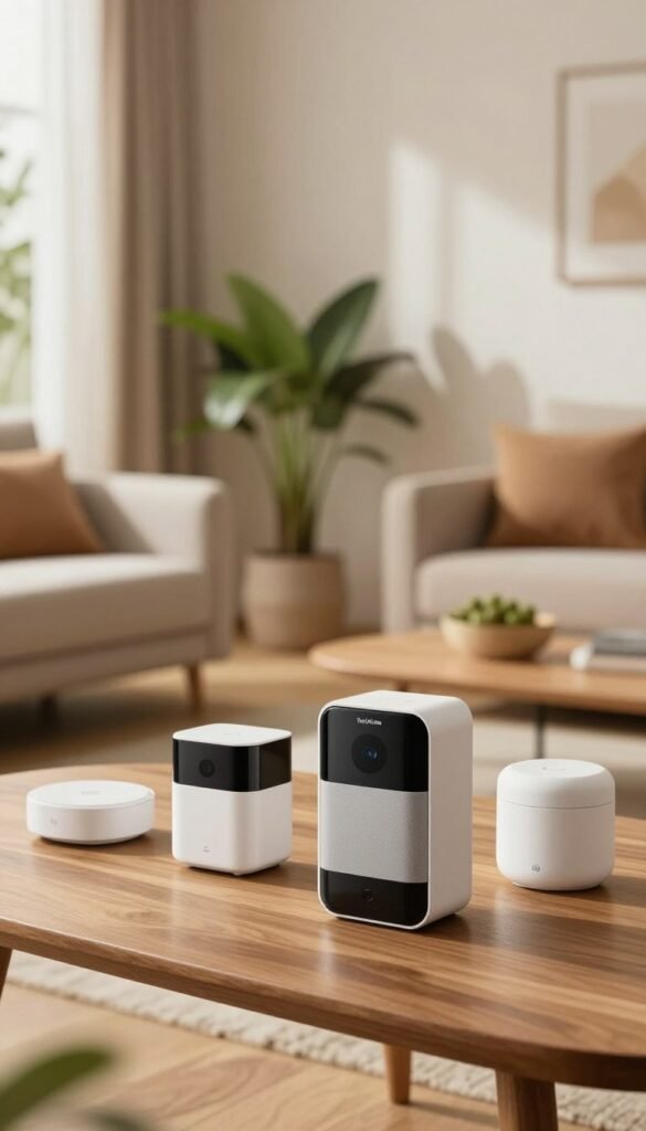 A modern home interior showcasing a range of advanced smart sensors tailored for various user types. In the foreground, feature elegantly designed sensors on a sleek wooden table, with a cozy living space in the background. The middle ground consists of potted plants and soft furnishings, providing a warm ambiance. Utilize natural lighting streaming through large windows, creating a soft glow that enhances the inviting atmosphere. Capture the scene from a slight angle, emphasizing depth while keeping focus on the sensors. The mood is warm and inviting, embodying a Pinterest-inspired aesthetic. Include the brand name "TechKiste" subtly displayed on one of the sensors, ensuring the image remains free of text overlay or watermarks. A modern home interior showcasing a range of advanced smart sensors tailored for various user types. In the foreground, feature elegantly designed sensors on a sleek wooden table, with a cozy living space in the background. The middle ground consists of potted plants and soft furnishings, providing a warm ambiance. Utilize natural lighting streaming through large windows, creating a soft glow that enhances the inviting atmosphere. Capture the scene from a slight angle, emphasizing depth while keeping focus on the sensors. The mood is warm and inviting, embodying a Pinterest-inspired aesthetic. Include the brand name "TechKiste" subtly displayed on one of the sensors, ensuring the image remains free of text overlay or watermarks.