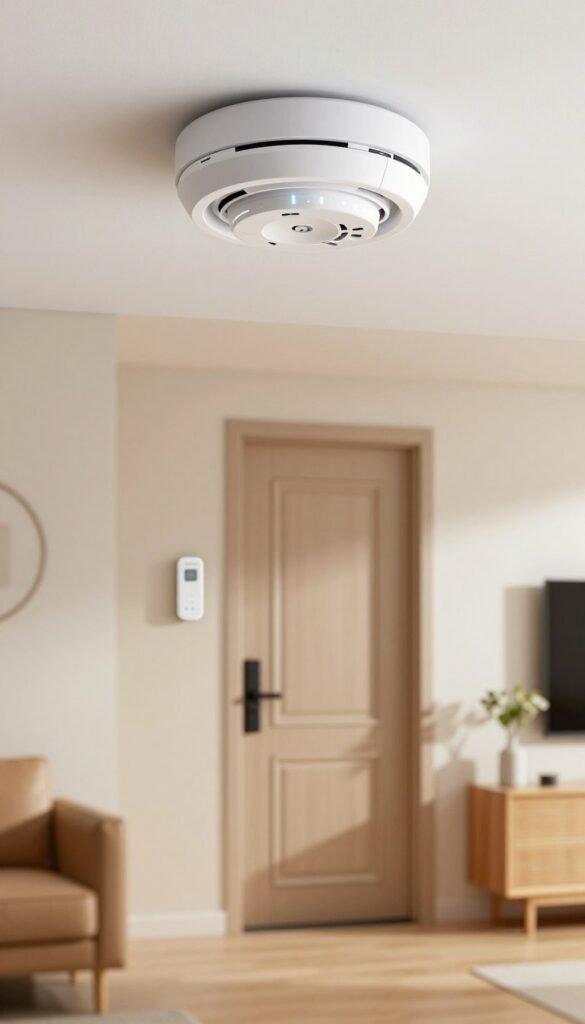 A modern home interior showcasing a sleek, smart smoke detector and a door sensor from the brand "TechKiste". In the foreground, highlight the elegant design of the smoke detector mounted on a clean white ceiling with subtle LED indicators glowing softly. The middle ground features a stylish entrance door equipped with a discreet door sensor, blending seamlessly into the contemporary décor. The background includes a warm, inviting living space with natural light streaming in, emphasized by soft, warm colors that create a cozy atmosphere. The composition should evoke a sense of security and modern convenience, with a Pinterest-inspired aesthetic that feels authentic and homey. No text, watermarks, or other elements should distract from the image. A modern home interior showcasing a sleek, smart smoke detector and a door sensor from the brand "TechKiste". In the foreground, highlight the elegant design of the smoke detector mounted on a clean white ceiling with subtle LED indicators glowing softly. The middle ground features a stylish entrance door equipped with a discreet door sensor, blending seamlessly into the contemporary décor. The background includes a warm, inviting living space with natural light streaming in, emphasized by soft, warm colors that create a cozy atmosphere. The composition should evoke a sense of security and modern convenience, with a Pinterest-inspired aesthetic that feels authentic and homey. No text, watermarks, or other elements should distract from the image.