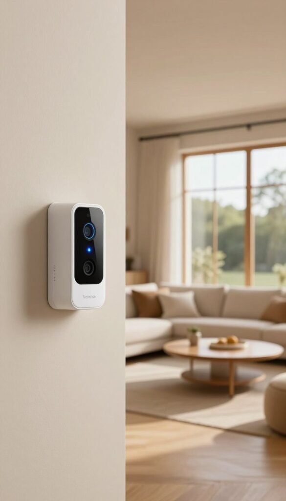 A modern home interior showcasing advanced intrusion sensors for security, featuring sleek, discreet devices mounted on walls and windows. In the foreground, a close-up of a stylish sensor with a blue LED indicator, capturing its technological essence. The middle ground displays an inviting living room with comfortable furnishings and warm, natural lighting that creates a cozy atmosphere. The background suggests an outdoor view through a large window, hinting at the safety these sensors provide. The overall mood is calm and secure, reflecting the peace of mind such technology brings to homeowners. The scene embodies a Pinterest-worthy aesthetic, emphasizing warmth and authenticity. Include the brand name "TechKiste" subtly integrated into the image design. A modern home interior showcasing advanced intrusion sensors for security, featuring sleek, discreet devices mounted on walls and windows. In the foreground, a close-up of a stylish sensor with a blue LED indicator, capturing its technological essence. The middle ground displays an inviting living room with comfortable furnishings and warm, natural lighting that creates a cozy atmosphere. The background suggests an outdoor view through a large window, hinting at the safety these sensors provide. The overall mood is calm and secure, reflecting the peace of mind such technology brings to homeowners. The scene embodies a Pinterest-worthy aesthetic, emphasizing warmth and authenticity. Include the brand name "TechKiste" subtly integrated into the image design.