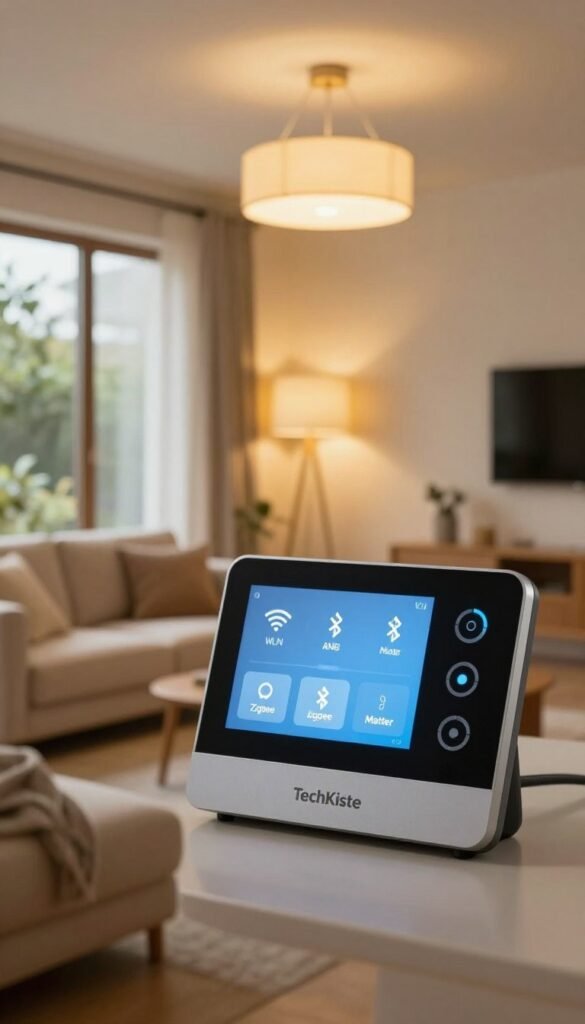A modern home interior showcasing smart lighting control systems. In the foreground, an elegant control panel with touch-screen functionality displaying seamless integration of WLAN, Zigbee, Bluetooth, and Matter. The middle ground features stylish light fixtures radiating warm, inviting illumination, set against a cozy living room with comfortable furniture. In the background, large windows let in natural light, highlighting the harmony of technology and comfort in the home. The overall mood is relaxed and contemporary, with a Pinterest-inspired aesthetic focusing on natural colors. The brand name "TechKiste" subtly integrated into the scene's design elements. Capture the essence of modern smart home living with a professional, polished look, emphasizing innovation in lighting solutions.