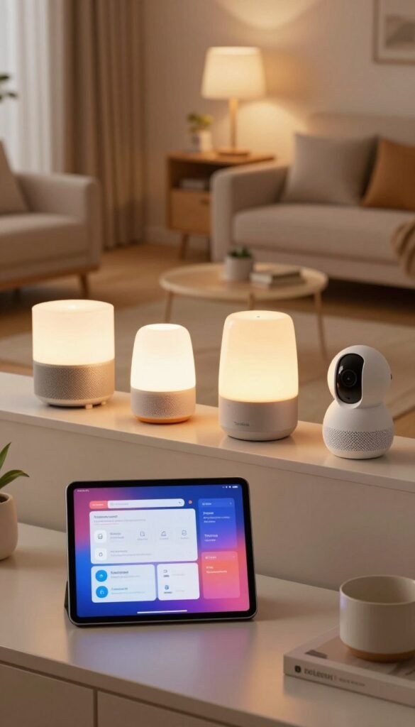 A modern home interior showcasing various smart home devices, illustrating network congestion. In the foreground, a sleek tablet displays a vibrant dashboard monitoring device connections, with a focus on managing bandwidth. In the middle, diverse smart devices like a voice assistant, smart bulbs, and a home security camera are arranged aesthetically on a stylish shelf. The background features a cozy living room with ambient warm lighting, casting a soft glow on the scene. The overall atmosphere is calm and organized, conveying a sense of control over the network. Use a natural color palette enhanced with warm tones, emphasizing an authentic and inviting Pinterest-like aesthetic. The brand "TechKiste" is subtly integrated within the design of the smart devices, without any text overlays or logos. A modern home interior showcasing various smart home devices, illustrating network congestion. In the foreground, a sleek tablet displays a vibrant dashboard monitoring device connections, with a focus on managing bandwidth. In the middle, diverse smart devices like a voice assistant, smart bulbs, and a home security camera are arranged aesthetically on a stylish shelf. The background features a cozy living room with ambient warm lighting, casting a soft glow on the scene. The overall atmosphere is calm and organized, conveying a sense of control over the network. Use a natural color palette enhanced with warm tones, emphasizing an authentic and inviting Pinterest-like aesthetic. The brand "TechKiste" is subtly integrated within the design of the smart devices, without any text overlays or logos.
