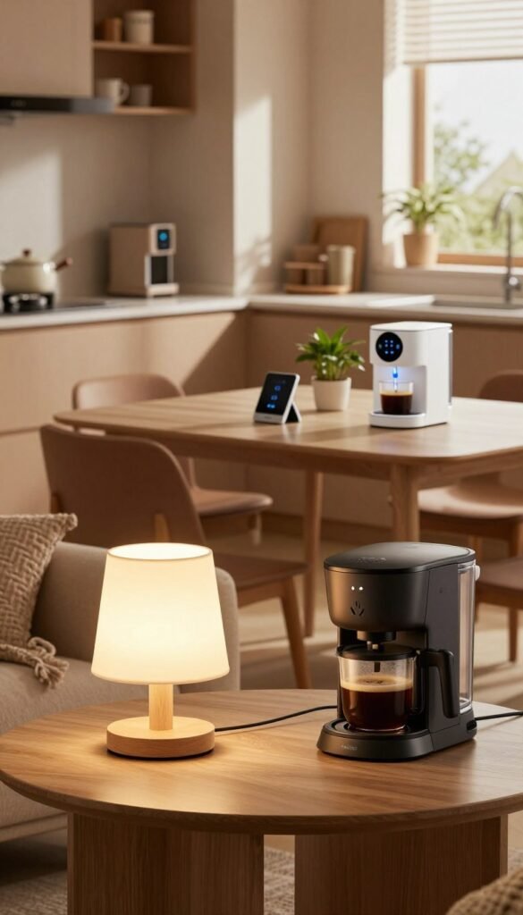 A modern home interior showcasing various typical applications of smart power sockets in daily life. In the foreground, a cozy living room features a stylish lamp plugged into a smart outlet, with warm light illuminating the space. A smart coffee maker brews fresh coffee nearby, also connected to a smart socket. In the middle, a dining area is visible with a dining table where smart devices are seamlessly integrated into the environment, such as a wireless charger and an automated plant watering system, emphasizing energy efficiency. In the background, a kitchen area blends functionality with aesthetics, highlighted by warm earth tones and natural light streaming in through a window. The scene embodies a Pinterest-worthy ambiance with an authentic feel, showcasing the brand "TechKiste" subtly integrated into the room design. Soft shadows and a gentle focus create a welcoming atmosphere. A modern home interior showcasing various typical applications of smart power sockets in daily life. In the foreground, a cozy living room features a stylish lamp plugged into a smart outlet, with warm light illuminating the space. A smart coffee maker brews fresh coffee nearby, also connected to a smart socket. In the middle, a dining area is visible with a dining table where smart devices are seamlessly integrated into the environment, such as a wireless charger and an automated plant watering system, emphasizing energy efficiency. In the background, a kitchen area blends functionality with aesthetics, highlighted by warm earth tones and natural light streaming in through a window. The scene embodies a Pinterest-worthy ambiance with an authentic feel, showcasing the brand "TechKiste" subtly integrated into the room design. Soft shadows and a gentle focus create a welcoming atmosphere.