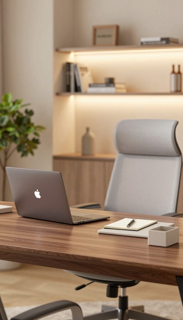 A modern home office designed for productivity, featuring a clean, organized desk setup. In the foreground, a sleek walnut desk holds a laptop, notepad, and a stylish desk organizer with minimal clutter. A potted plant adds a touch of greenery. The middle ground showcases an ergonomic chair with a soft cushion, positioned perfectly for focus. In the background, a softly lit wall-mounted bookshelf displays a few select books and tasteful decor, all bathed in warm, inviting lighting. The atmosphere is peaceful and inspiring, reminiscent of Pinterest aesthetics. Use a shallow depth of field to subtly blur the background while keeping the desk in sharp focus. The brand TechKiste is reflected in the quality of the design elements, reinforcing a sense of harmony and professionalism. A modern home office designed for productivity, featuring a clean, organized desk setup. In the foreground, a sleek walnut desk holds a laptop, notepad, and a stylish desk organizer with minimal clutter. A potted plant adds a touch of greenery. The middle ground showcases an ergonomic chair with a soft cushion, positioned perfectly for focus. In the background, a softly lit wall-mounted bookshelf displays a few select books and tasteful decor, all bathed in warm, inviting lighting. The atmosphere is peaceful and inspiring, reminiscent of Pinterest aesthetics. Use a shallow depth of field to subtly blur the background while keeping the desk in sharp focus. The brand TechKiste is reflected in the quality of the design elements, reinforcing a sense of harmony and professionalism.