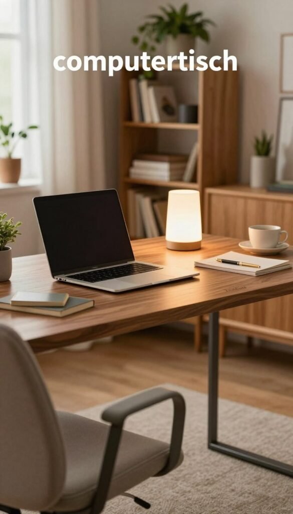 A modern home office desk, known as "computertisch," designed for functionality and style, occupies the foreground. The desk features a sleek wooden surface with minimalistic metal legs, complemented by a comfortable ergonomic chair in soft fabric. In the middle ground, an elegant laptop sits open alongside stylish stationery, illuminated by a warm table lamp. The background reveals a cozy workspace with a bookshelf stacked with decorative items and indoor plants, enhancing the inviting atmosphere. Soft, natural lighting filters through a window, creating a serene environment ideal for productivity. The overall mood is warm, professional, and inviting, embodying a Pinterest-worthy aesthetic. The brand “TechKiste” is subtly represented through design elements on the desk, emphasizing quality and modernity. A modern home office desk, known as "computertisch," designed for functionality and style, occupies the foreground. The desk features a sleek wooden surface with minimalistic metal legs, complemented by a comfortable ergonomic chair in soft fabric. In the middle ground, an elegant laptop sits open alongside stylish stationery, illuminated by a warm table lamp. The background reveals a cozy workspace with a bookshelf stacked with decorative items and indoor plants, enhancing the inviting atmosphere. Soft, natural lighting filters through a window, creating a serene environment ideal for productivity. The overall mood is warm, professional, and inviting, embodying a Pinterest-worthy aesthetic. The brand “TechKiste” is subtly represented through design elements on the desk, emphasizing quality and modernity.