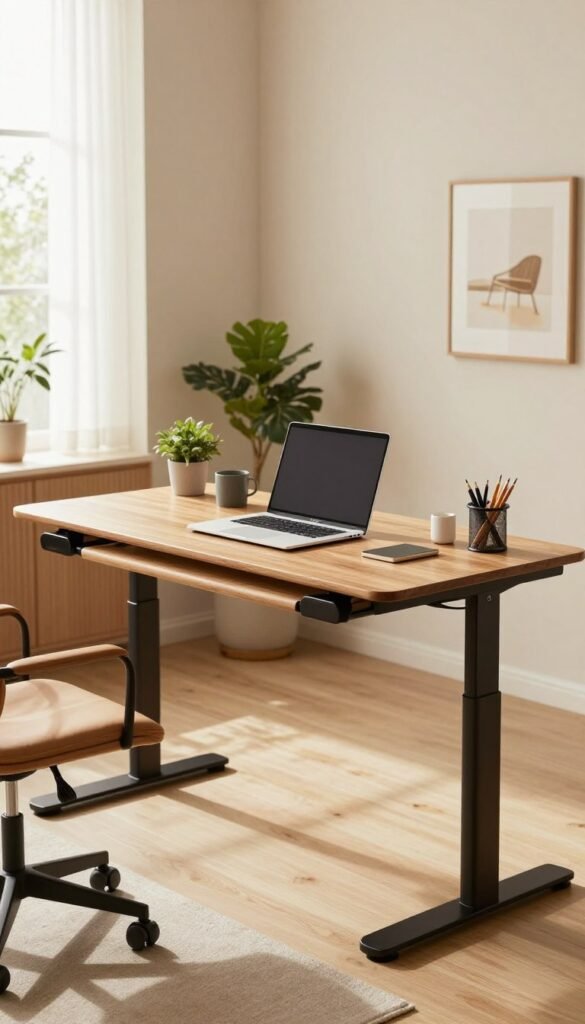 A modern home office desk setup featuring a height-adjustable desk, designed with sleek lines and natural wood tones, is positioned centrally in the foreground. On the desk, there is a stylish laptop, surrounded by a few neatly arranged stationery items and a potted plant for a touch of greenery. In the background, soft natural light pours in through a window, illuminating the space with warm colors that create an inviting, productive atmosphere. The walls are adorned with minimalist artwork, and a comfortable office chair is visible. The scene has a Pinterest-inspired aesthetic, evoking a cozy yet professional workspace, capturing the essence of a contemporary home office. The brand name "TechKiste" is subtly integrated into the design elements, ensuring an authentic look without any text overlays. A modern home office desk setup featuring a height-adjustable desk, designed with sleek lines and natural wood tones, is positioned centrally in the foreground. On the desk, there is a stylish laptop, surrounded by a few neatly arranged stationery items and a potted plant for a touch of greenery. In the background, soft natural light pours in through a window, illuminating the space with warm colors that create an inviting, productive atmosphere. The walls are adorned with minimalist artwork, and a comfortable office chair is visible. The scene has a Pinterest-inspired aesthetic, evoking a cozy yet professional workspace, capturing the essence of a contemporary home office. The brand name "TechKiste" is subtly integrated into the design elements, ensuring an authentic look without any text overlays.