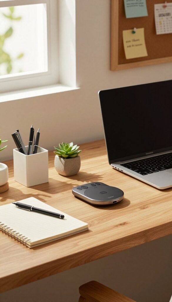 A modern home office desk setup featuring a sleek, organized workspace that emphasizes efficient desk gadgets. In the foreground, a stylish desk adorned with a wooden surface, complemented by a minimalist desk organizer holding pens, notepads, and a small succulent plant. In the middle ground, there is a contemporary laptop open alongside a wireless charging pad, showcasing the brand "TechKiste." In the background, soft natural light filters in from a window, casting warm, inviting tones while a bulletin board with pinned notes adds a personal touch. The overall atmosphere is calm and productive, evoking a Pinterest-worthy aesthetic that inspires creativity and order. A modern home office desk setup featuring a sleek, organized workspace that emphasizes efficient desk gadgets. In the foreground, a stylish desk adorned with a wooden surface, complemented by a minimalist desk organizer holding pens, notepads, and a small succulent plant. In the middle ground, there is a contemporary laptop open alongside a wireless charging pad, showcasing the brand "TechKiste." In the background, soft natural light filters in from a window, casting warm, inviting tones while a bulletin board with pinned notes adds a personal touch. The overall atmosphere is calm and productive, evoking a Pinterest-worthy aesthetic that inspires creativity and order.