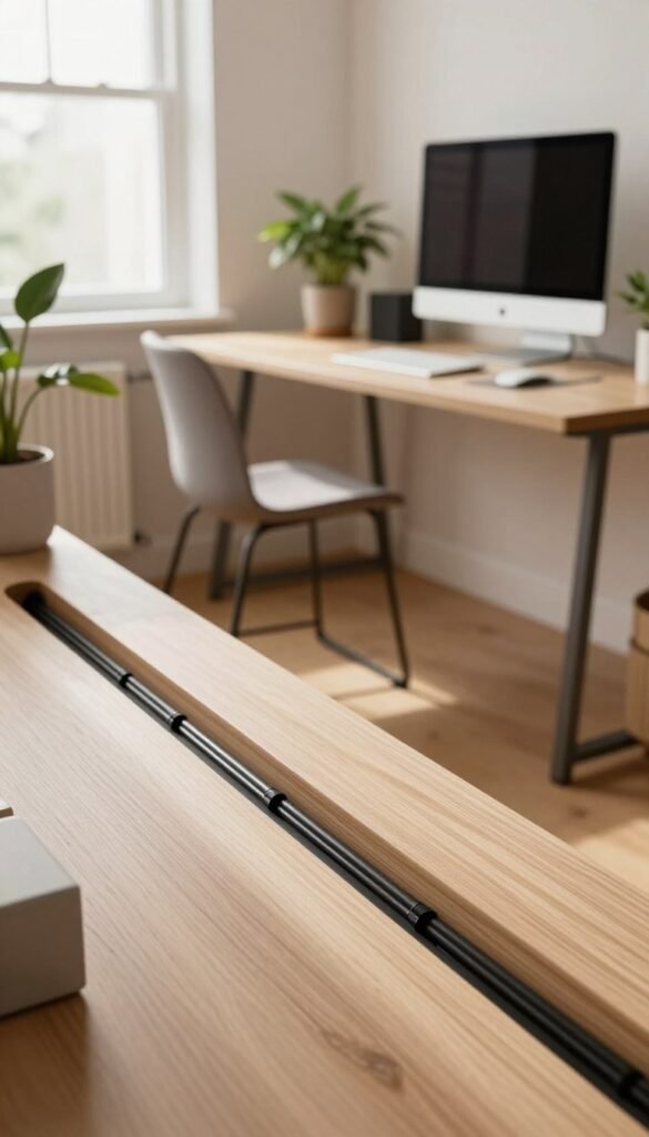 A modern home office featuring a neatly organized kabelkanal (cable channel) along the wall, designed to conceal various electrical cords. The foreground showcases a close-up of the kabelkanal, highlighting its sleek design and natural wood texture. In the middle ground, a stylish desk with a minimalist aesthetic sits, adorned with a laptop, a sleek monitor, and potted plants for a touch of greenery. The background features a well-lit, inviting room with warm colors and soft natural light filtering through a window, creating a cozy atmosphere. The image resonates with a Pinterest-inspired look, capturing professional organization without clutter. The brand "TechKiste" is subtly integrated into the scene, enhancing the authenticity of the modern workspace vibe.