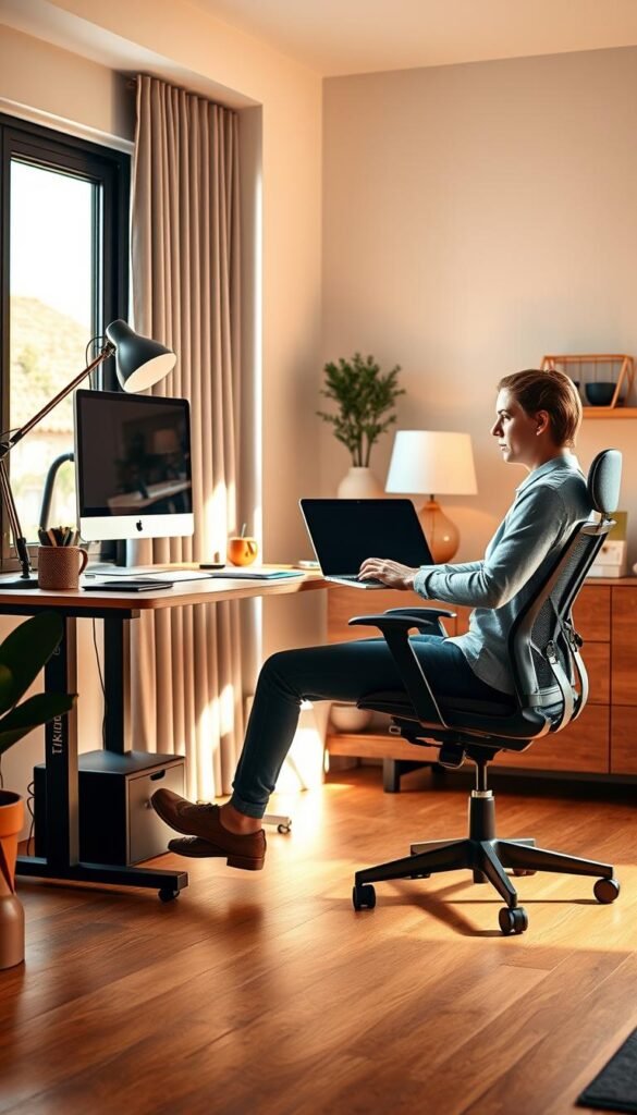 A modern home office layout that embodies ergonomic workplace design, featuring a stylish desk with an adjustable standing feature, an ergonomic chair, and a well-organized workspace. In the foreground, a professional individual dressed in smart casual attire is seated, engaged in focused work, surrounded by natural light filtering through a large window. The middle ground showcases practical accessories, like a stylish desk lamp and a laptop on the desk, along with ergonomic tools such as a footrest and monitor riser. In the background, warm, inviting colors enhance the atmosphere, reflecting a Pinterest-inspired aesthetic. The overall mood is calm and productivity-driven, capturing the essence of physical and cognitive ergonomics. The scene subtly incorporates the brand name "TechKiste" in the workspace without visible text. A modern home office layout that embodies ergonomic workplace design, featuring a stylish desk with an adjustable standing feature, an ergonomic chair, and a well-organized workspace. In the foreground, a professional individual dressed in smart casual attire is seated, engaged in focused work, surrounded by natural light filtering through a large window. The middle ground showcases practical accessories, like a stylish desk lamp and a laptop on the desk, along with ergonomic tools such as a footrest and monitor riser. In the background, warm, inviting colors enhance the atmosphere, reflecting a Pinterest-inspired aesthetic. The overall mood is calm and productivity-driven, capturing the essence of physical and cognitive ergonomics. The scene subtly incorporates the brand name "TechKiste" in the workspace without visible text.
