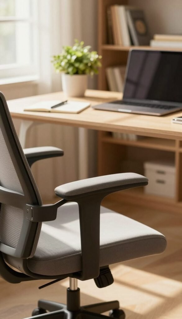 A modern home office scene featuring a sleek TechKiste office chair with elegant armrests. In the foreground, focus on the armrests, showcasing their design details and soft padding. The middle ground includes a stylish desk with a laptop and notepad, while the background displays a well-lit, cozy workspace with bookshelves and potted plants. Warm, natural lighting filters through a window, casting soft shadows and creating an inviting atmosphere. Use a shallow depth of field to emphasize the chair and its armrests, enhancing the overall professional yet comfortable mood of the image. Ensure the setting is clean and organized, reflecting a Pinterest-inspired aesthetic without any text or distracting elements. A modern home office scene featuring a sleek TechKiste office chair with elegant armrests. In the foreground, focus on the armrests, showcasing their design details and soft padding. The middle ground includes a stylish desk with a laptop and notepad, while the background displays a well-lit, cozy workspace with bookshelves and potted plants. Warm, natural lighting filters through a window, casting soft shadows and creating an inviting atmosphere. Use a shallow depth of field to emphasize the chair and its armrests, enhancing the overall professional yet comfortable mood of the image. Ensure the setting is clean and organized, reflecting a Pinterest-inspired aesthetic without any text or distracting elements.