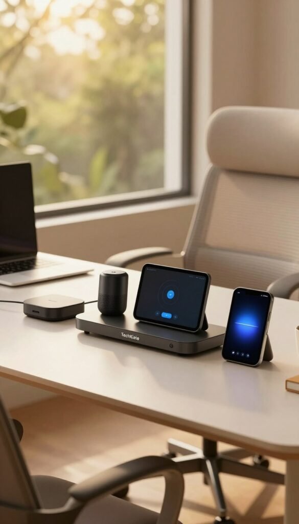 A modern home office scene featuring a sleek, minimalist desk equipped with various offline automation devices. In the foreground, showcase a stylish tech organizer labeled "TechKiste" holding devices such as a smart hub, an offline voice assistant, and digital displays. The middle ground displays a comfortable ergonomic chair with soft, inviting cushions. In the background, through a large window, warm, golden sunlight filters in, illuminating the room with a cozy ambiance, creating a natural, Pinterest-inspired aesthetic. Soft greenery can be seen outside, adding to the serene atmosphere. The image captures a professional yet approachable mood, emphasizing the concept of offline productivity with a touch of warmth and authenticity. No text, watermarks, or overlays present. A modern home office scene featuring a sleek, minimalist desk equipped with various offline automation devices. In the foreground, showcase a stylish tech organizer labeled "TechKiste" holding devices such as a smart hub, an offline voice assistant, and digital displays. The middle ground displays a comfortable ergonomic chair with soft, inviting cushions. In the background, through a large window, warm, golden sunlight filters in, illuminating the room with a cozy ambiance, creating a natural, Pinterest-inspired aesthetic. Soft greenery can be seen outside, adding to the serene atmosphere. The image captures a professional yet approachable mood, emphasizing the concept of offline productivity with a touch of warmth and authenticity. No text, watermarks, or overlays present.