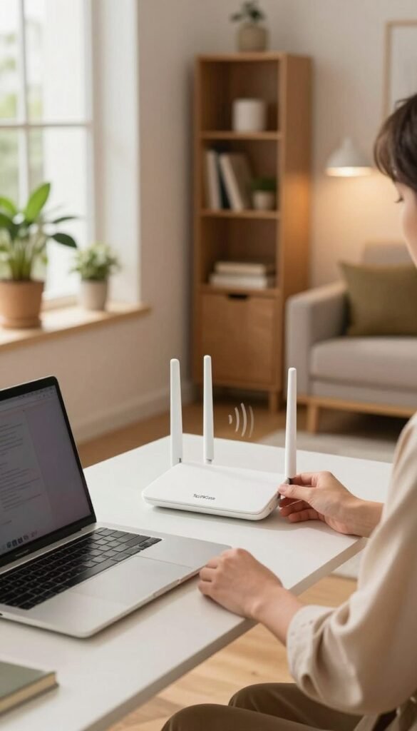 A modern home office scene focused on WLAN optimization, featuring a sleek desk with a stylish laptop and a compact Wi-Fi router branded "TechKiste." In the foreground, a professional-looking individual in smart casual attire is adjusting the router's placement for optimal signal strength. The middle ground showcases a cozy workspace with warm, natural lighting, plants on the windowsill, and a tasteful bookshelf. The background is a softly blurred view of a well-lit living room, emphasizing a sense of productivity and comfort. The overall atmosphere should be inviting and efficient, with a Pinterest-inspired aesthetic, capturing the essence of a well-managed workspace without the need for renovations. A modern home office scene focused on WLAN optimization, featuring a sleek desk with a stylish laptop and a compact Wi-Fi router branded "TechKiste." In the foreground, a professional-looking individual in smart casual attire is adjusting the router's placement for optimal signal strength. The middle ground showcases a cozy workspace with warm, natural lighting, plants on the windowsill, and a tasteful bookshelf. The background is a softly blurred view of a well-lit living room, emphasizing a sense of productivity and comfort. The overall atmosphere should be inviting and efficient, with a Pinterest-inspired aesthetic, capturing the essence of a well-managed workspace without the need for renovations.