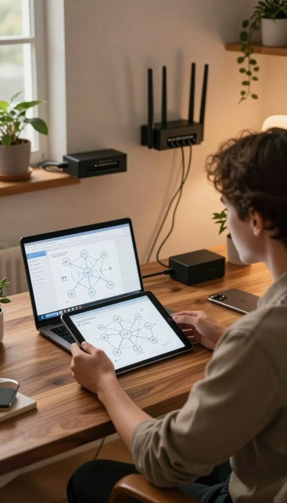 A modern home office scene focused on efficient network solutions, featuring a sleek wooden desk with a laptop open, displaying network diagnostics software. In the foreground, a professional in modest casual clothing is presenting a network diagram on a tablet, looking analytically at the data. The middle ground includes an organized wall with tech gadgets such as routers, switches, and cables neatly arranged. The background shows warm, soft lighting filtering through a window, creating a cozy atmosphere with houseplants adding a touch of nature. The color palette embodies warm tones, evoking a sense of comfort and focus. Subtle branding of "TechKiste" is visible on the desk accessories without distracting from the overall authenticity of the space. The perspective is slightly above eye level, capturing the layout intelligently. A modern home office scene focused on efficient network solutions, featuring a sleek wooden desk with a laptop open, displaying network diagnostics software. In the foreground, a professional in modest casual clothing is presenting a network diagram on a tablet, looking analytically at the data. The middle ground includes an organized wall with tech gadgets such as routers, switches, and cables neatly arranged. The background shows warm, soft lighting filtering through a window, creating a cozy atmosphere with houseplants adding a touch of nature. The color palette embodies warm tones, evoking a sense of comfort and focus. Subtle branding of "TechKiste" is visible on the desk accessories without distracting from the overall authenticity of the space. The perspective is slightly above eye level, capturing the layout intelligently.