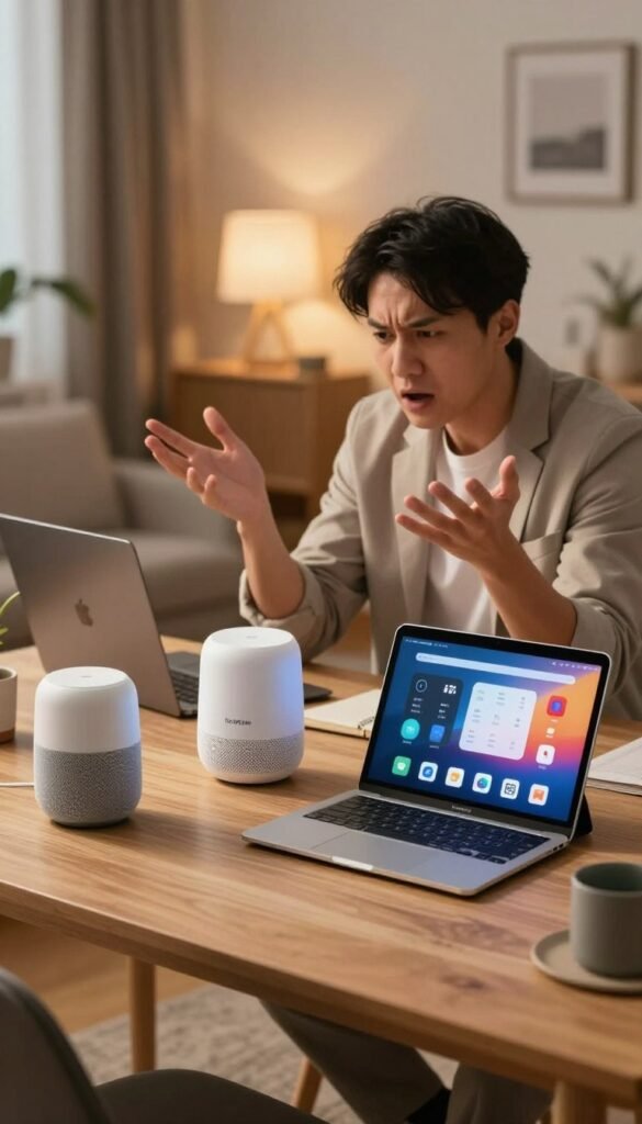 A modern home office scene showcasing a smart home setup gone awry. In the foreground, a cluttered desk with various smart devices like smart speakers and a tablet displaying a confusing app interface, all in warm, natural colors. In the middle, a frustrated individual in professional business attire gestures at the devices, conveying a sense of confusion and stress. The background features a cozy living space with soft lighting, adding to the warmth of the atmosphere, with tech gadgets subtly integrated into the decor. The overall mood is one of challenge and learning, emphasizing the importance of understanding technology. Include the brand name "TechKiste" visible on one of the devices to provide brand context.