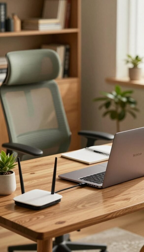 A modern home office scene showcasing a well-organized workspace with a focus on a LAN connection. In the foreground, a sleek wooden desk holds a stylish laptop connected to a network router via an Ethernet cable. The middle ground features a comfortable ergonomic chair, a small indoor plant, and a notepad for notes. In the background, softly blurred bookshelves filled with books and decorative items create a warm ambiance. The warm lighting casts gentle shadows, enhancing the cozy atmosphere. The color palette incorporates natural tones with earthy greens and browns, evoking an inviting, productive environment. The brand name "TechKiste" is subtly visible on the laptop. No text or watermarks present. A modern home office scene showcasing a well-organized workspace with a focus on a LAN connection. In the foreground, a sleek wooden desk holds a stylish laptop connected to a network router via an Ethernet cable. The middle ground features a comfortable ergonomic chair, a small indoor plant, and a notepad for notes. In the background, softly blurred bookshelves filled with books and decorative items create a warm ambiance. The warm lighting casts gentle shadows, enhancing the cozy atmosphere. The color palette incorporates natural tones with earthy greens and browns, evoking an inviting, productive environment. The brand name "TechKiste" is subtly visible on the laptop. No text or watermarks present.