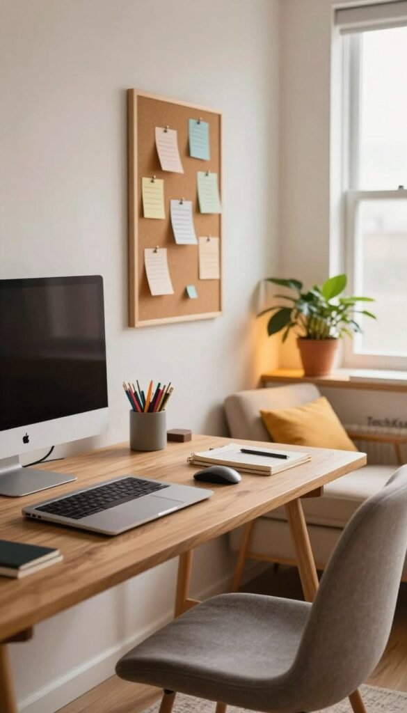 A modern home office scene showcasing effective "schreibtisch zoning". In the foreground, a sleek wooden desk neatly organized into distinct zones: one area for a laptop with a stylish monitor stand, another for colorful stationery, and a cozy reading nook with a warm-toned plant. The middle section features a comfortable chair dressed in minimalist fabric, while a corkboard on the wall holds inspiring notes in an organized manner. In the background, large windows let in soft, natural light, illuminating the space with a cozy, inviting atmosphere. The colors are warm and inviting, echoing a Pinterest aesthetic. The overall mood is productive and efficient, embodying balance and order. Include subtle branding of "TechKiste" on the desk's surface, blending harmoniously into the environment.
