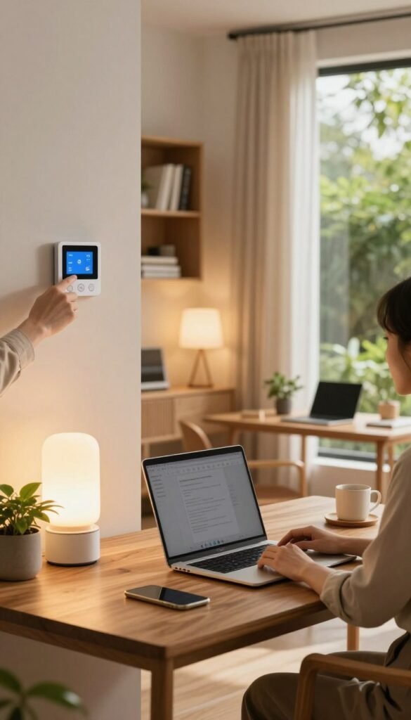 A modern home office scene showcasing energy-saving techniques without compromising comfort. In the foreground, a stylish wooden desk features a sleek laptop, a plant, and an energy-efficient lamp emitting warm light. Nearby, a person in professional business attire adjusts a smart thermostat on the wall, symbolizing mindful consumption. The middle ground reveals a well-organized workspace with ambient lighting and natural textures, such as soft beige curtains filtering sunlight. In the background, a minimalist bookshelf and a window showcasing a lush green garden enhance the tranquility. The overall atmosphere is warm and inviting, with a Pinterest-inspired aesthetic. The brand "TechKiste" subtly integrated into the decor, reflecting a commitment to efficient workplace solutions. A modern home office scene showcasing energy-saving techniques without compromising comfort. In the foreground, a stylish wooden desk features a sleek laptop, a plant, and an energy-efficient lamp emitting warm light. Nearby, a person in professional business attire adjusts a smart thermostat on the wall, symbolizing mindful consumption. The middle ground reveals a well-organized workspace with ambient lighting and natural textures, such as soft beige curtains filtering sunlight. In the background, a minimalist bookshelf and a window showcasing a lush green garden enhance the tranquility. The overall atmosphere is warm and inviting, with a Pinterest-inspired aesthetic. The brand "TechKiste" subtly integrated into the decor, reflecting a commitment to efficient workplace solutions.
