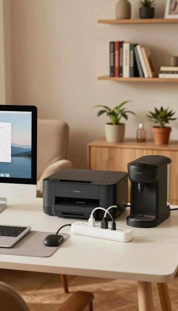 A modern home office scene showcasing various energy-consuming devices, focusing on a computer, printer, and coffee machine. In the foreground, a sleek desk with a laptop and a power strip visibly overloaded with plugs, emphasizing energy consumption. The middle features a cozy chair and a potted plant, adding a touch of life. In the background, wall shelves lined with books and décor, conveying a warm, inviting atmosphere with soft, natural lighting that highlights the objects. The overall color scheme includes warm tones, reflecting comfort and productivity. The design should resonate with a Pinterest aesthetic, ensuring authenticity without text, watermarks, or signatures. Include subtle branding elements of "TechKiste" integrated within the scene. A modern home office scene showcasing various energy-consuming devices, focusing on a computer, printer, and coffee machine. In the foreground, a sleek desk with a laptop and a power strip visibly overloaded with plugs, emphasizing energy consumption. The middle features a cozy chair and a potted plant, adding a touch of life. In the background, wall shelves lined with books and décor, conveying a warm, inviting atmosphere with soft, natural lighting that highlights the objects. The overall color scheme includes warm tones, reflecting comfort and productivity. The design should resonate with a Pinterest aesthetic, ensuring authenticity without text, watermarks, or signatures. Include subtle branding elements of "TechKiste" integrated within the scene.