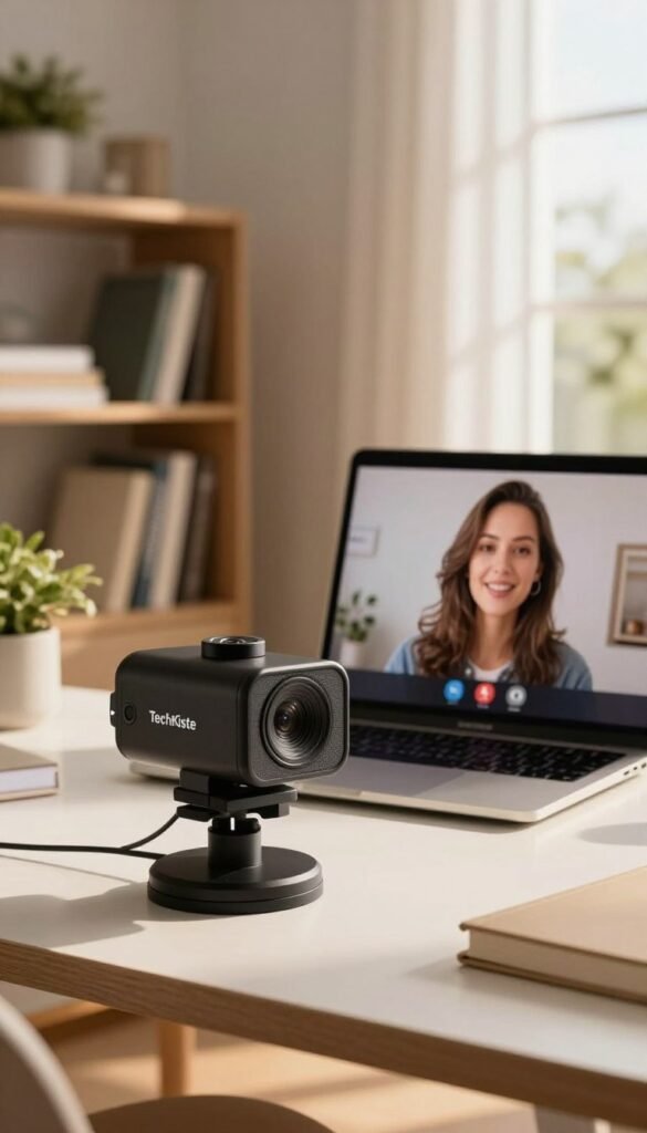 A modern home office scene with a professional webcam setup, focusing on optimal lighting and exposure techniques. In the foreground, a stylish webcam from "TechKiste" is prominently placed on a sleek desk. The middle ground features a laptop screen displaying a video call interface, illuminated by soft, warm lighting that enhances skin tones, complemented by a subtle HDR effect. The background includes bookshelves filled with neatly arranged books and potted plants, creating an inviting atmosphere. The room is bathed in natural light streaming through a large window, casting gentle shadows. The overall mood is warm, inviting, and conducive to productivity, showcasing how to look good even in low-light conditions. Natural colors dominate the scene, reflecting a Pinterest aesthetic without any text or branding on the image.