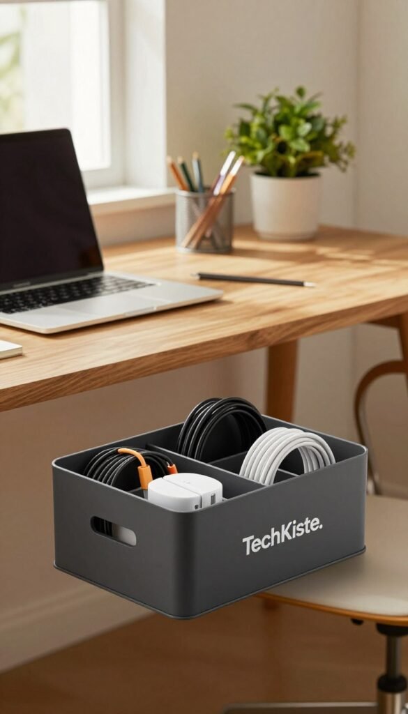A modern home office setting featuring a cable management box branded "TechKiste." In the foreground, a stylish, organized kabelbox made from sleek materials, showcasing various cables neatly housed within. The middle ground includes a wooden desk with a laptop, potted plants, and stationery items, creating an organized workspace. In the background, softly lit natural light filters through a window, illuminating the room with warm tones. The overall atmosphere is inviting and productive, reflecting the essence of effective home office cable organization. The perspective is slightly angled to emphasize both the kabelbox and the workspace, capturing a Pinterest-worthy aesthetic without any text or distractions in the image.
