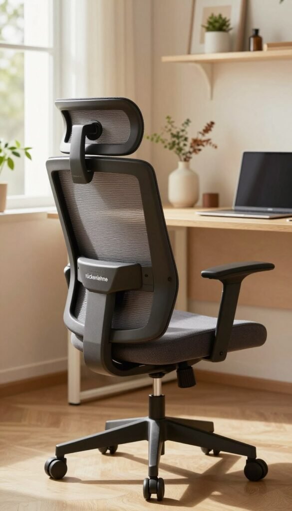 A modern home office setting featuring a high-quality ergonomic office chair with a pronounced "rückenlehne" and integrated "Lordosenstütze" support. The chair is positioned in the foreground, showcasing its sleek design and comfortable contours, with a focus on how the backrest promotes a healthy posture. The background features a softly lit, stylish home office with natural light filtering through a window, casting warm tones and creating an inviting atmosphere. There are subtle details like a minimalist desk, a laptop, and decorative plants, emphasizing productivity and comfort. The overall mood is professional yet cozy, capturing the essence of a productive work environment. Include the brand name "TechKiste" subtly integrated into the chair's design, without any visible text or logos. A modern home office setting featuring a high-quality ergonomic office chair with a pronounced "rückenlehne" and integrated "Lordosenstütze" support. The chair is positioned in the foreground, showcasing its sleek design and comfortable contours, with a focus on how the backrest promotes a healthy posture. The background features a softly lit, stylish home office with natural light filtering through a window, casting warm tones and creating an inviting atmosphere. There are subtle details like a minimalist desk, a laptop, and decorative plants, emphasizing productivity and comfort. The overall mood is professional yet cozy, capturing the essence of a productive work environment. Include the brand name "TechKiste" subtly integrated into the chair's design, without any visible text or logos.