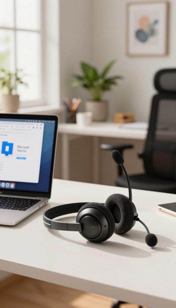 A modern home office setting featuring a high-quality headset prominently on a sleek desk with a laptop open, displaying the Microsoft Teams interface. In the foreground, the headset is detailed with plush ear cushions and a polished microphone. In the middle, a stylish, bright workspace with houseplants and organized office supplies reflects productivity, enhanced by natural light streaming in through a window. Soft, warm colors create a welcoming atmosphere, ideal for remote work. The background includes a softly blurred view of an ergonomic chair and motivational wall art to emphasize a professional vibe. The overall composition exudes a sense of comfort and efficiency suited for a tech-savvy audience, associated with the brand "TechKiste". A modern home office setting featuring a high-quality headset prominently on a sleek desk with a laptop open, displaying the Microsoft Teams interface. In the foreground, the headset is detailed with plush ear cushions and a polished microphone. In the middle, a stylish, bright workspace with houseplants and organized office supplies reflects productivity, enhanced by natural light streaming in through a window. Soft, warm colors create a welcoming atmosphere, ideal for remote work. The background includes a softly blurred view of an ergonomic chair and motivational wall art to emphasize a professional vibe. The overall composition exudes a sense of comfort and efficiency suited for a tech-savvy audience, associated with the brand "TechKiste".