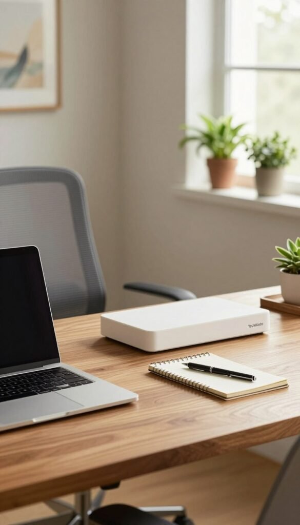 A modern home office setting featuring a neatly organized desk with minimal clutter, showcasing a wooden surface in warm tones. The foreground highlights a sleek laptop and a stylish desk organizer from the brand "TechKiste", with a notepad and a pen beside it. In the middle, a comfortable ergonomic chair complements the workspace, while in the background, a soft, natural light filters through a window, illuminating a few potted plants and a framed artwork on the wall, creating an inviting atmosphere. The overall mood is calm and productive, with a Pinterest-inspired aesthetic that emphasizes simplicity and functionality. The angle captures the entire desk setup, ensuring a clear view without any text or distractions.