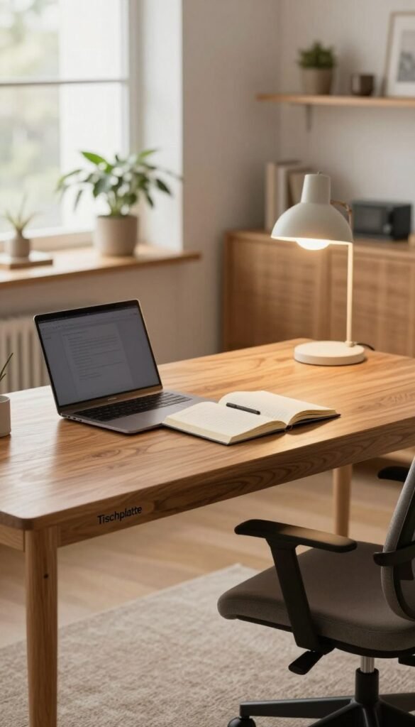 A modern home office setting featuring a stylish "Tischplatte" by TechKiste, showcasing a spacious and functional workspace. In the foreground, a sleek wooden desk with a polished, light oak finish is neatly organized with a laptop, an open notebook, and a stylish desk lamp emitting warm light. In the middle ground, an ergonomic chair complements the desk, enhancing the professional yet inviting atmosphere. The background reveals a softly blurred window with natural light streaming in, illuminating a few indoor plants and shelf decor, creating a cozy ambiance. The color palette consists of warm earth tones, giving a Pinterest-inspired aesthetic. Capture this scene from a slightly elevated angle to emphasize the desk’s size and layout while maintaining a sense of openness and tranquility in the workspace. A modern home office setting featuring a stylish "Tischplatte" by TechKiste, showcasing a spacious and functional workspace. In the foreground, a sleek wooden desk with a polished, light oak finish is neatly organized with a laptop, an open notebook, and a stylish desk lamp emitting warm light. In the middle ground, an ergonomic chair complements the desk, enhancing the professional yet inviting atmosphere. The background reveals a softly blurred window with natural light streaming in, illuminating a few indoor plants and shelf decor, creating a cozy ambiance. The color palette consists of warm earth tones, giving a Pinterest-inspired aesthetic. Capture this scene from a slightly elevated angle to emphasize the desk’s size and layout while maintaining a sense of openness and tranquility in the workspace.
