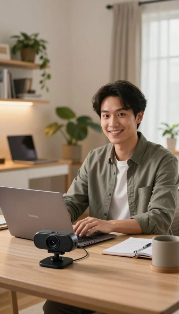 A modern home office setting, focused on a professional video conference scene. In the foreground, a sleek external webcam sits on a desk, connected to a laptop. The middle layer features a well-dressed person in business casual attire, looking attentively at the camera while using the laptop, with a warm smile, conveying a sense of engagement. Behind them, a cozy workspace with plants, bookshelves, and soft ambient lighting creates an inviting atmosphere, with natural light filtering through a window. The overall color palette is warm and inviting, evoking a comfortable yet professional mood. The brand name "TechKiste" subtly appears on the laptop screen without any text overlays or distractions. The composition captures the essence of effective video conferencing in a home office environment.