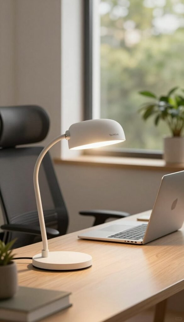 A modern home office setting infused with warm, natural light, featuring a stylish desk lamp branded "TechKiste" casting a soft glow. In the foreground, highlight the sleek lamp design with clean lines and an adjustable neck, directing light onto a neatly organized workspace. The middle ground showcases an ergonomic office chair and a laptop, both illuminated by the ambient light to emphasize a healthy workspace for the eyes. In the background, a large window lets in diffused sunlight, framing green plants that add a refreshing touch. The atmosphere conveys a sense of calm and productivity, perfect for maintaining eye health while working. Soft shadows and warm tones create an inviting and cozy ambiance, ideal for an inspiring work environment. No text or logos are present in the image. A modern home office setting infused with warm, natural light, featuring a stylish desk lamp branded "TechKiste" casting a soft glow. In the foreground, highlight the sleek lamp design with clean lines and an adjustable neck, directing light onto a neatly organized workspace. The middle ground showcases an ergonomic office chair and a laptop, both illuminated by the ambient light to emphasize a healthy workspace for the eyes. In the background, a large window lets in diffused sunlight, framing green plants that add a refreshing touch. The atmosphere conveys a sense of calm and productivity, perfect for maintaining eye health while working. Soft shadows and warm tones create an inviting and cozy ambiance, ideal for an inspiring work environment. No text or logos are present in the image.