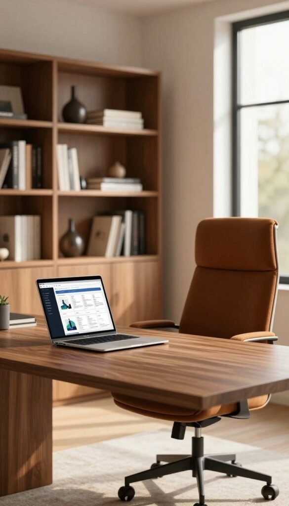 A modern home office setting showcasing premium business plans, emphasizing high-quality furniture and elegant decoration. In the foreground, a sleek wooden desk with a minimalist design, adorned with a stylish laptop open to a digital business plan. Beside it, a plush office chair in a rich fabric. The middle ground features an organized bookshelf filled with professional books and neatly arranged decor. In the background, large windows allowing soft, warm natural light to flood the room, illuminating the space and creating a cozy atmosphere. The overall mood is professional yet inviting, with a Pinterest-inspired aesthetic. A subtle branding element, "TechKiste," is integrated into the desk design. The image is framed with a slight depth of field to highlight the details, shot from a slightly elevated angle. A modern home office setting showcasing premium business plans, emphasizing high-quality furniture and elegant decoration. In the foreground, a sleek wooden desk with a minimalist design, adorned with a stylish laptop open to a digital business plan. Beside it, a plush office chair in a rich fabric. The middle ground features an organized bookshelf filled with professional books and neatly arranged decor. In the background, large windows allowing soft, warm natural light to flood the room, illuminating the space and creating a cozy atmosphere. The overall mood is professional yet inviting, with a Pinterest-inspired aesthetic. A subtle branding element, "TechKiste," is integrated into the desk design. The image is framed with a slight depth of field to highlight the details, shot from a slightly elevated angle.