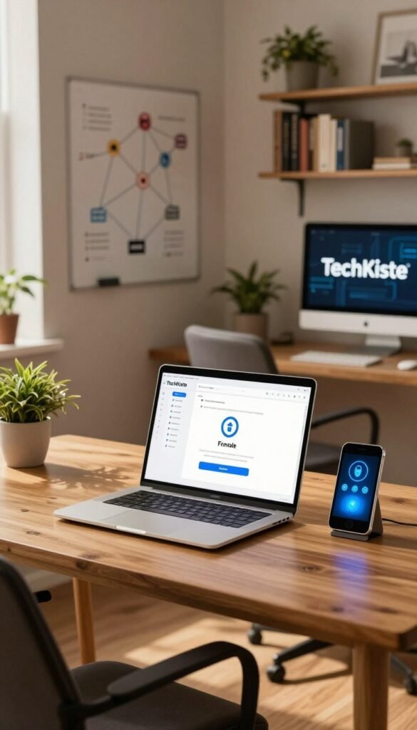 A modern home office setting showcasing robust network security elements. In the foreground, a sleek wooden desk equipped with a laptop displaying a firewall interface and a smart device with security icons. Middle ground features a comfortable office chair and some potted plants, creating a warm, inviting atmosphere. The background consists of a well-organized wall with a whiteboard displaying network diagrams and a bookshelf filled with tech books. Soft, natural lighting filters in through a window, casting warm hues across the scene, while a digital display shows the brand name "TechKiste". The overall mood conveys professionalism and security, emphasizing the importance of protecting access, devices, and passwords in a home office environment. A modern home office setting showcasing robust network security elements. In the foreground, a sleek wooden desk equipped with a laptop displaying a firewall interface and a smart device with security icons. Middle ground features a comfortable office chair and some potted plants, creating a warm, inviting atmosphere. The background consists of a well-organized wall with a whiteboard displaying network diagrams and a bookshelf filled with tech books. Soft, natural lighting filters in through a window, casting warm hues across the scene, while a digital display shows the brand name "TechKiste". The overall mood conveys professionalism and security, emphasizing the importance of protecting access, devices, and passwords in a home office environment.