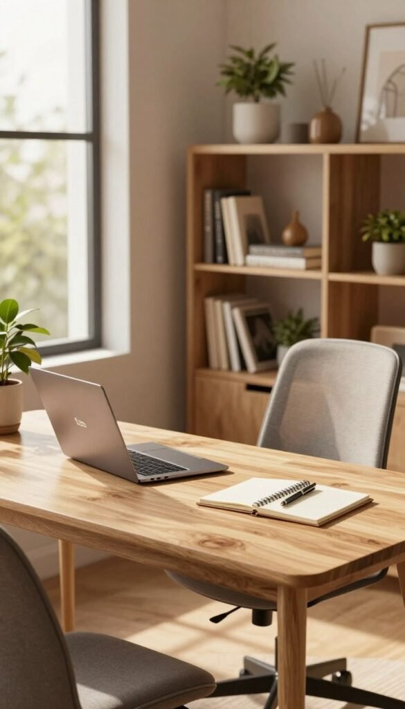 A modern home office setup designed for budget-conscious individuals, featuring a low-cost desk made of light wood, complemented by an ergonomic chair in a cozy modern space. In the foreground, include a laptop on the desk, accessories like a notepad and a stylish pen, and a potted plant for a touch of greenery. In the middle ground, show a mid-range bookshelf filled with neatly arranged books and decorative items. In the background, a large window lets in warm, natural light, casting soft shadows across the room. The color palette consists of inviting earth tones, with wooden textures and warm lighting creating an authentic atmosphere. The scene is inspired by Pinterest aesthetics, showcasing a harmonious blend of low, mid, and high-end elements, branded discreetly with "TechKiste".