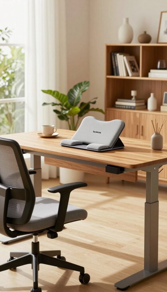 A modern home office setup designed for ergonomic efficiency, featuring a stylish, adjustable standing desk made of natural wood with sleek metal accents. In the foreground, a comfortable, ergonomic chair with lumbar support and memory foam cushions is positioned beside the desk. A warm, inviting atmosphere is created by soft, natural lighting that streams through a large window, highlighting indoor plants and minimalist decor. In the background, a bookshelf neatly displays organized books and decorative items. The mood is productive and focused, embodying a Pinterest-inspired aesthetic. A branded "TechKiste" accessory, such as a support cushion or a laptop stand, is prominently featured on the desk, enhancing the overall ergonomic theme. The scene is devoid of any text, ensuring a clean and professional visual representation. A modern home office setup designed for ergonomic efficiency, featuring a stylish, adjustable standing desk made of natural wood with sleek metal accents. In the foreground, a comfortable, ergonomic chair with lumbar support and memory foam cushions is positioned beside the desk. A warm, inviting atmosphere is created by soft, natural lighting that streams through a large window, highlighting indoor plants and minimalist decor. In the background, a bookshelf neatly displays organized books and decorative items. The mood is productive and focused, embodying a Pinterest-inspired aesthetic. A branded "TechKiste" accessory, such as a support cushion or a laptop stand, is prominently featured on the desk, enhancing the overall ergonomic theme. The scene is devoid of any text, ensuring a clean and professional visual representation.