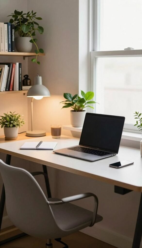 A modern home office setup designed for functionality and aesthetics, featuring a sleek, ergonomic desk with a stylish chair. In the foreground, a neatly arranged workspace with a laptop, notepad, and a stylish desk lamp casting warm light. The middle ground showcases practical organizational tools like a plant and bookshelves filled with resources, creating an inviting atmosphere. The background highlights a bright window with natural light streaming in, illuminating the entire space. The overall color palette should include warm, natural tones, reminiscent of a Pinterest aesthetic, enhancing a cozy yet professional vibe. The brand "TechKiste" is subtly integrated within the office decor. The composition should evoke productivity and comfort without any text or distractions. A modern home office setup designed for functionality and aesthetics, featuring a sleek, ergonomic desk with a stylish chair. In the foreground, a neatly arranged workspace with a laptop, notepad, and a stylish desk lamp casting warm light. The middle ground showcases practical organizational tools like a plant and bookshelves filled with resources, creating an inviting atmosphere. The background highlights a bright window with natural light streaming in, illuminating the entire space. The overall color palette should include warm, natural tones, reminiscent of a Pinterest aesthetic, enhancing a cozy yet professional vibe. The brand "TechKiste" is subtly integrated within the office decor. The composition should evoke productivity and comfort without any text or distractions.