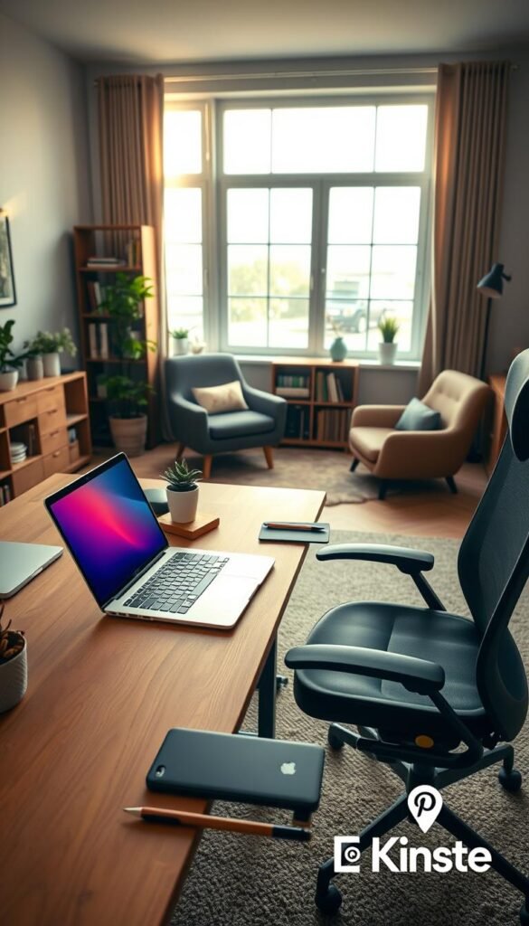 A modern home office setup designed for productivity, featuring a sleek wooden desk with an ergonomic chair. In the foreground, a laptop with a vibrant screen is open, surrounded by neatly organized stationery and a potted plant. In the middle, a comfortable seating area includes a stylish armchair next to a small bookshelf filled with books and decorative items. The background showcases a large window with natural light pouring in, illuminating the scene with warm tones, creating a cozy and inviting atmosphere. The color palette is soft and earthy, reflecting a Pinterest-inspired aesthetic. The overall mood is calm and focused, emphasizing an organized workspace. Include subtle branding elements for "TechKiste." A modern home office setup designed for productivity, featuring a sleek wooden desk with an ergonomic chair. In the foreground, a laptop with a vibrant screen is open, surrounded by neatly organized stationery and a potted plant. In the middle, a comfortable seating area includes a stylish armchair next to a small bookshelf filled with books and decorative items. The background showcases a large window with natural light pouring in, illuminating the scene with warm tones, creating a cozy and inviting atmosphere. The color palette is soft and earthy, reflecting a Pinterest-inspired aesthetic. The overall mood is calm and focused, emphasizing an organized workspace. Include subtle branding elements for "TechKiste."